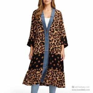Shannon Passero One Size Leopard Mix Denim Trim Panel Midi Duster Cardigan NWT